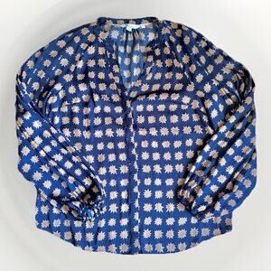 Boden Women's Harriet Blouse Size 4 Balloon Sleeve V Neck Navy Tan Print EUC